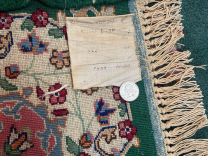 Persian Kerman Rug 4x6 Vintage Wool Green Ivory Pink Medallion Semi Open Field