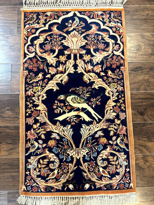 Persian Isfahan Rug 2x4, Birds, Navy Blue, Kork Wool on Silk Foundation, 460 KPSI