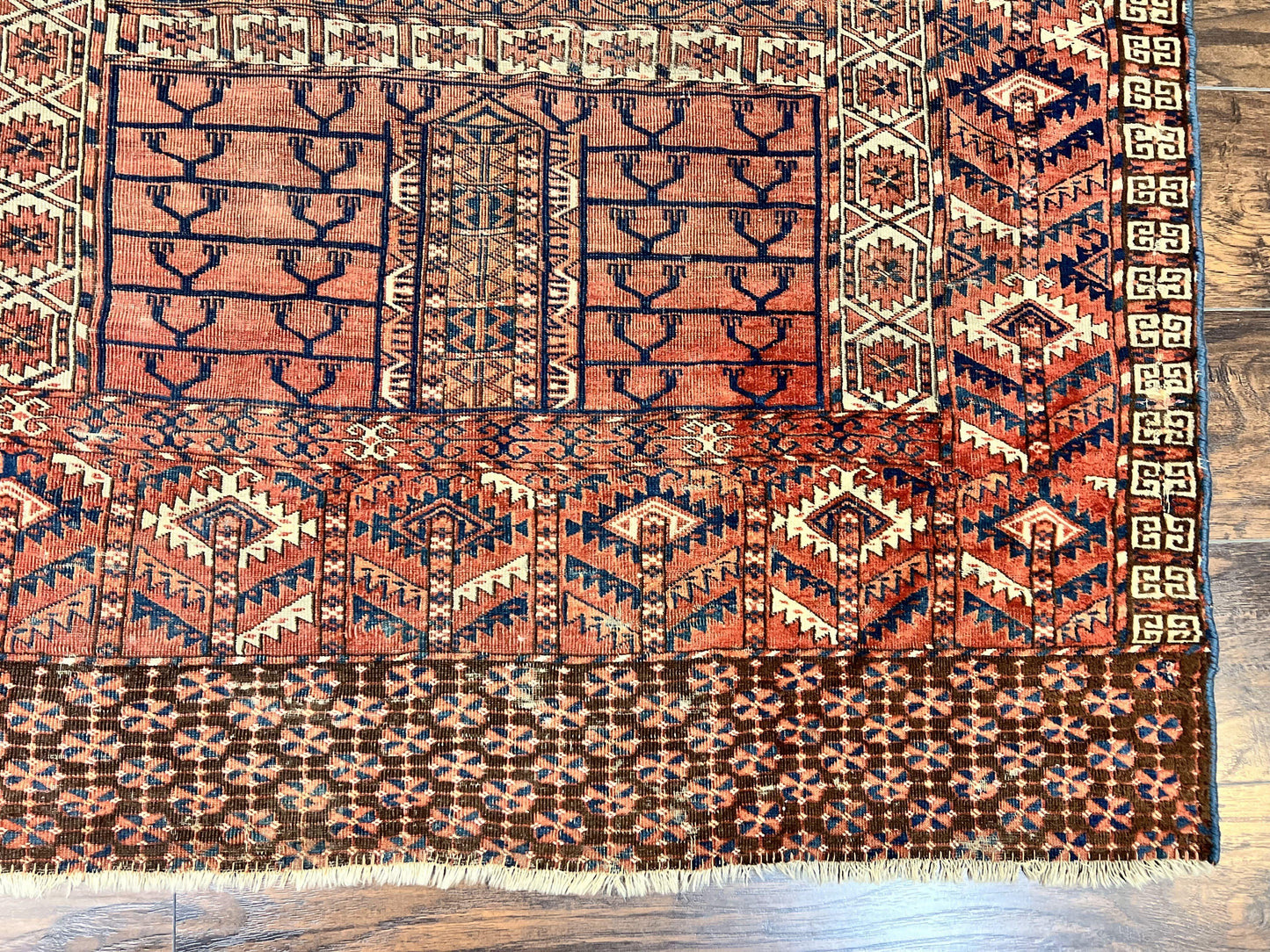 Turkoman Rug Antique Hatchli Wool Handmade 4x4 Four Season Yamud Design Red Bohemian Engsi Tekkeh