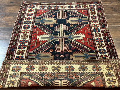 Antique Shirvan Caucasian Rug 3x5 Geometric Wool Hand Knotted Red Navy Beige
