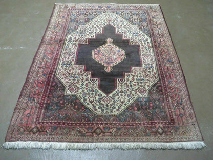 Antique Handmade Wool Rug Open Field Oriental Floral Indian Vegetable Dyes Colors 47 By 59 Inches