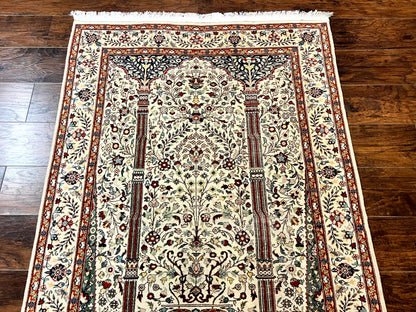 Persian Prayer Rug 4x6 Tree of Life Hand Knotted Wool Beige Vintage