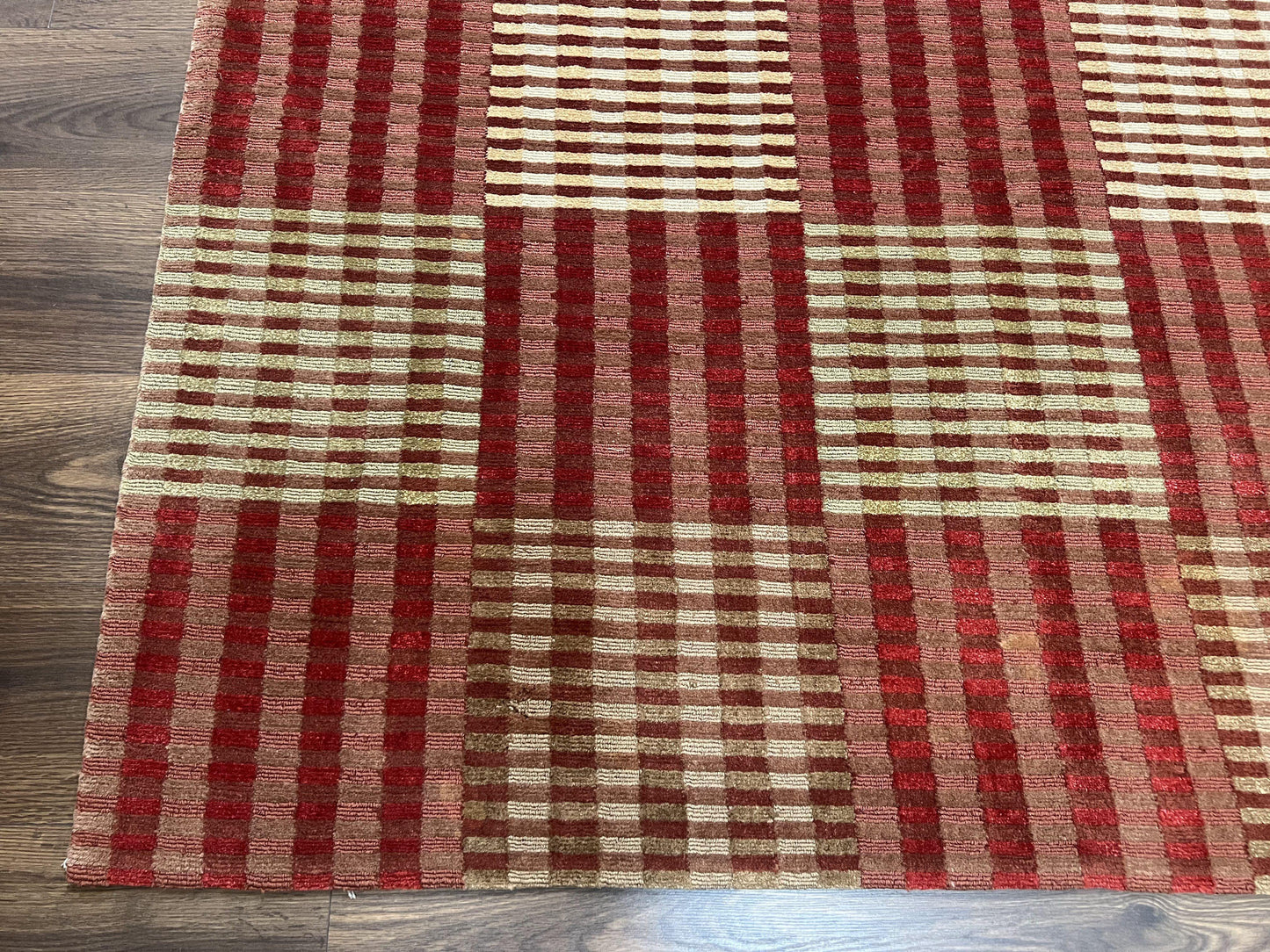 Modern Tibetan Rug 8x10, Hand Knotted Contemporary Nepali Carpet 8 x 10, Checkerboard Design, Red Cream Light Brown, Very Fine Wool & Silk