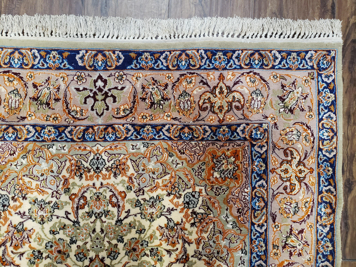 Premium Persian Isfahan Lachak Toranj Rug Hand Knotted Kork Wool On Silk Beige And Dark Blue 3 Ft 6 In By 5 Ft 4 In