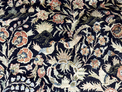 Silk Rug 4x6 Vintage Hand Knotted Tree of Life Black Cream Floral Bird Pictorial Sino Persian