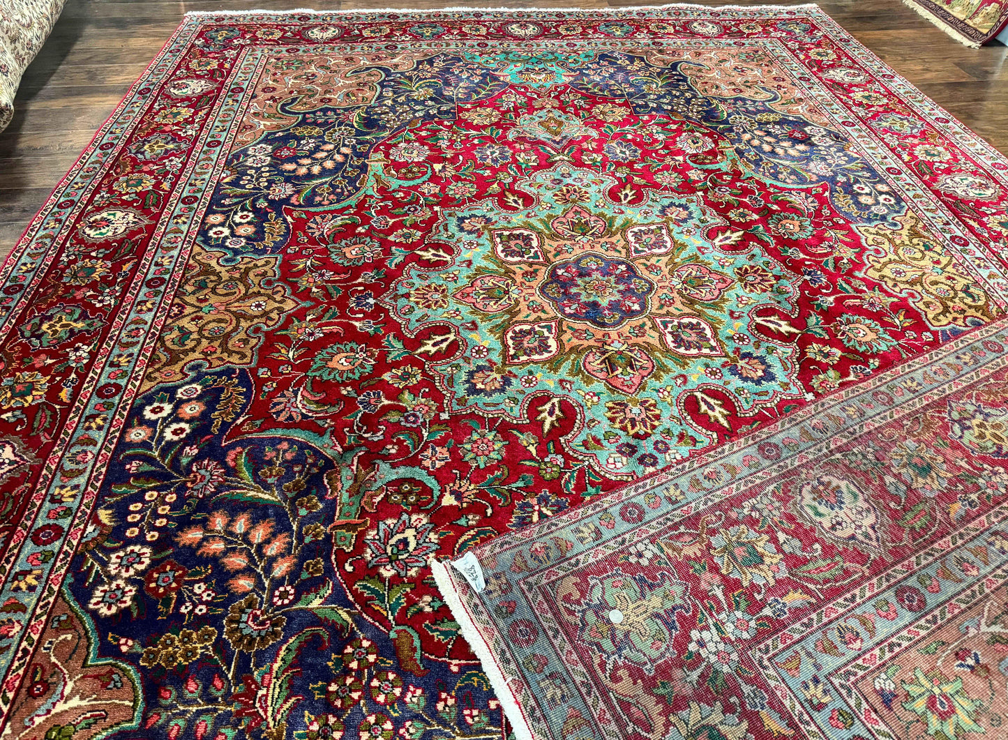 Wonderful Persian Tabriz Rug 10x14, Antique Persian Carpet, Handmade Wool Rug, Floral Medallion, Red Navy Blue, Colorful, Large Persian Area Rug