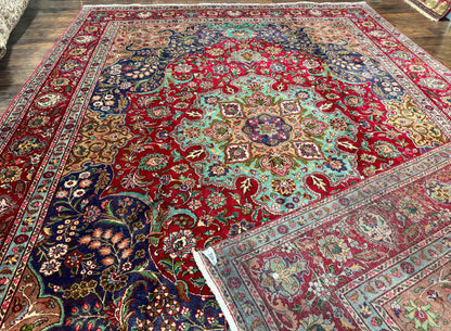 Wonderful Persian Tabriz Rug 10x14, Antique Persian Carpet, Handmade Wool Rug, Floral Medallion, Red Navy Blue, Colorful, Large Persian Area Rug