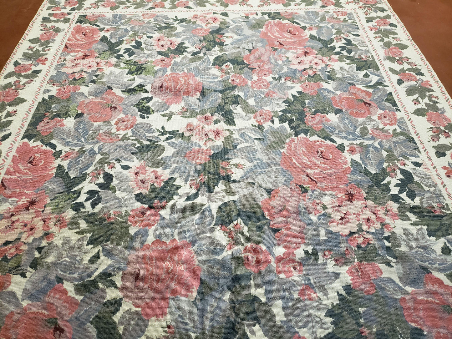 Needlepoint Rug 5 Foot 4 Inch By 8 Foot 3 Inch Wool Flat Weave Floral Ivory Pink Flowers Green Leaves