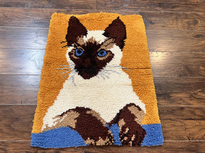 Small Shag Rug with Siamese Cat Pictorial, 2x3 ft Rug, Wool, Vintage, Danish Rya Shag Rug, Orange