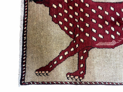 Leopard Wool Rug Handmade Hand Knotted Vintage Burgundy Beige Area Rug