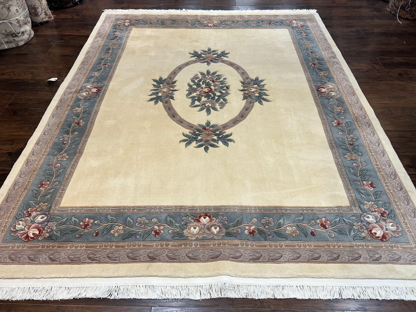 Chinese Wool Rug 8x10 Handknotted 120 Line Cream Aubusson Art Deco Oriental Rug