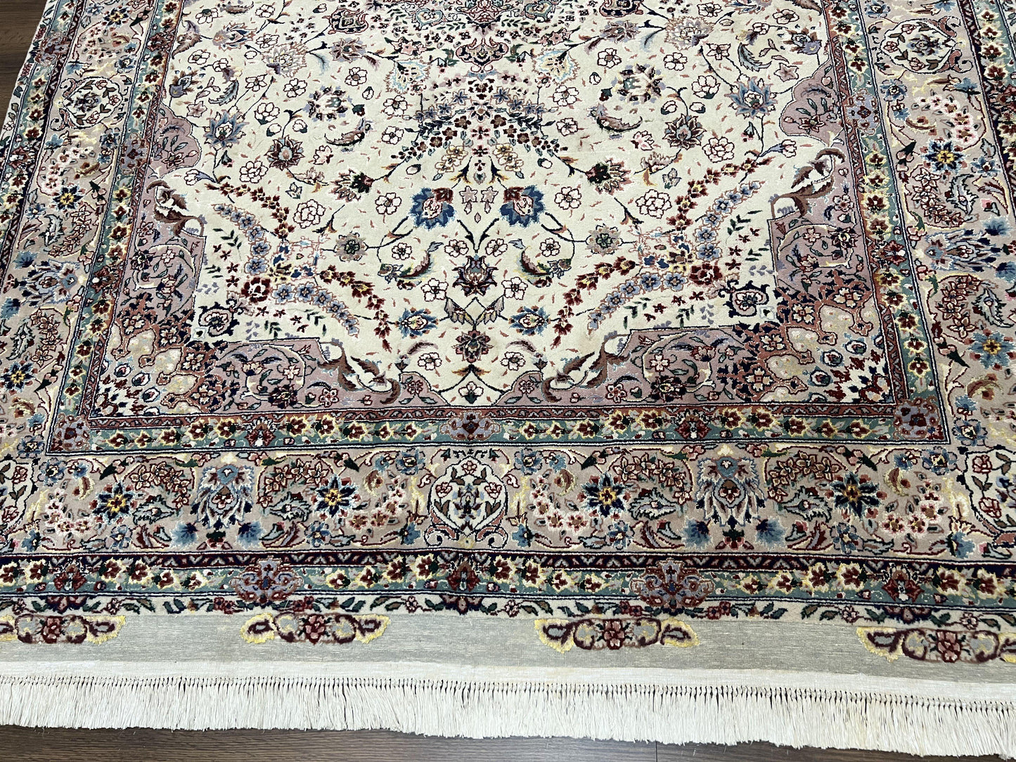 Persian Rug 6x9 Floral Medallion Wool Silk Handmade Vintage Oriental Cream Gray