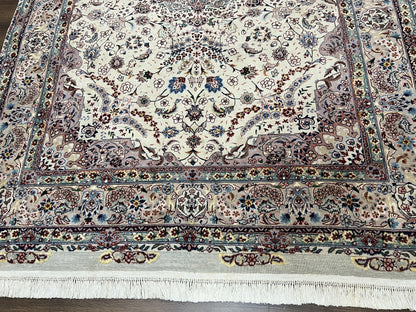 Persian Rug 6x9 Floral Medallion Wool Silk Handmade Vintage Oriental Cream Gray