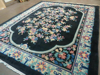 Art Deco Wool Rug Vintage Hand Knotted 8x10 Center Flower Black
