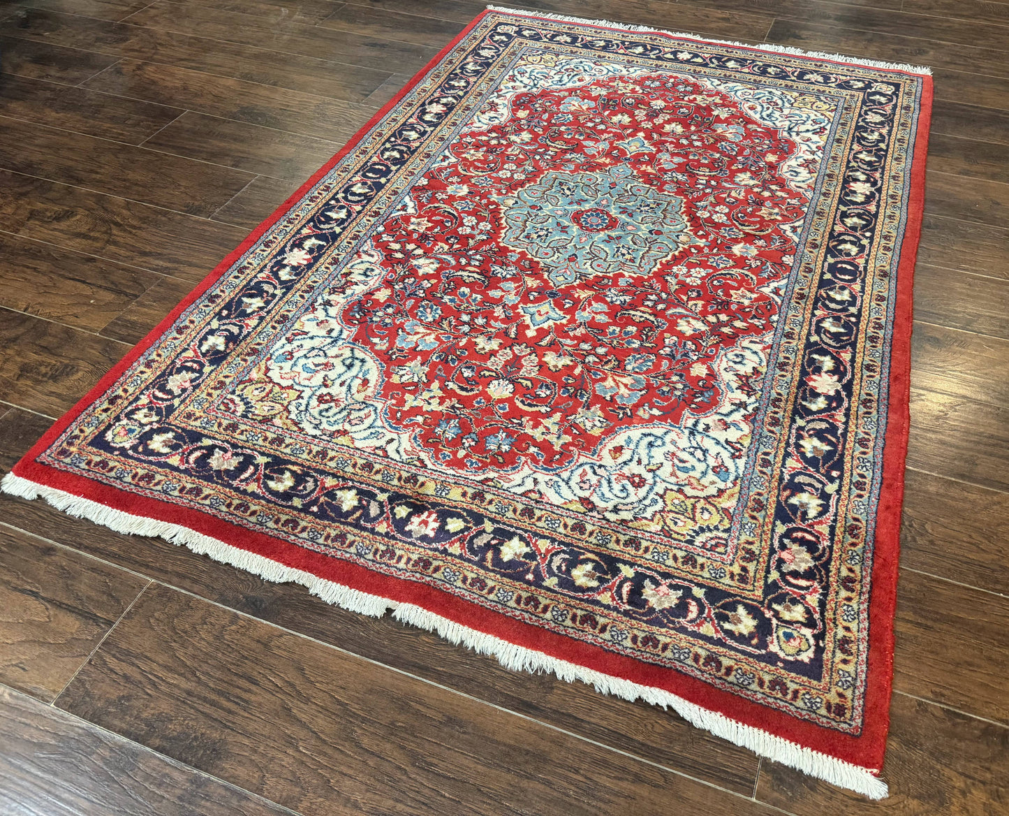 Persian Sarouk Rug 4x7, Red Navy Blue Vintage Wool Medallion Carpet