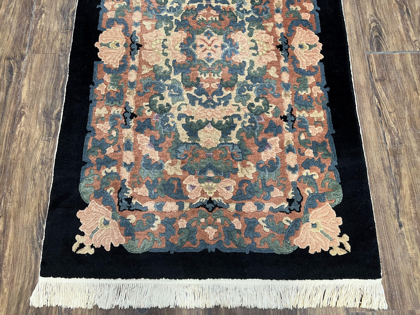 Art Deco Rug Chinese Handmade Wool 3x5 Vintage Floral Black Beige Carpet