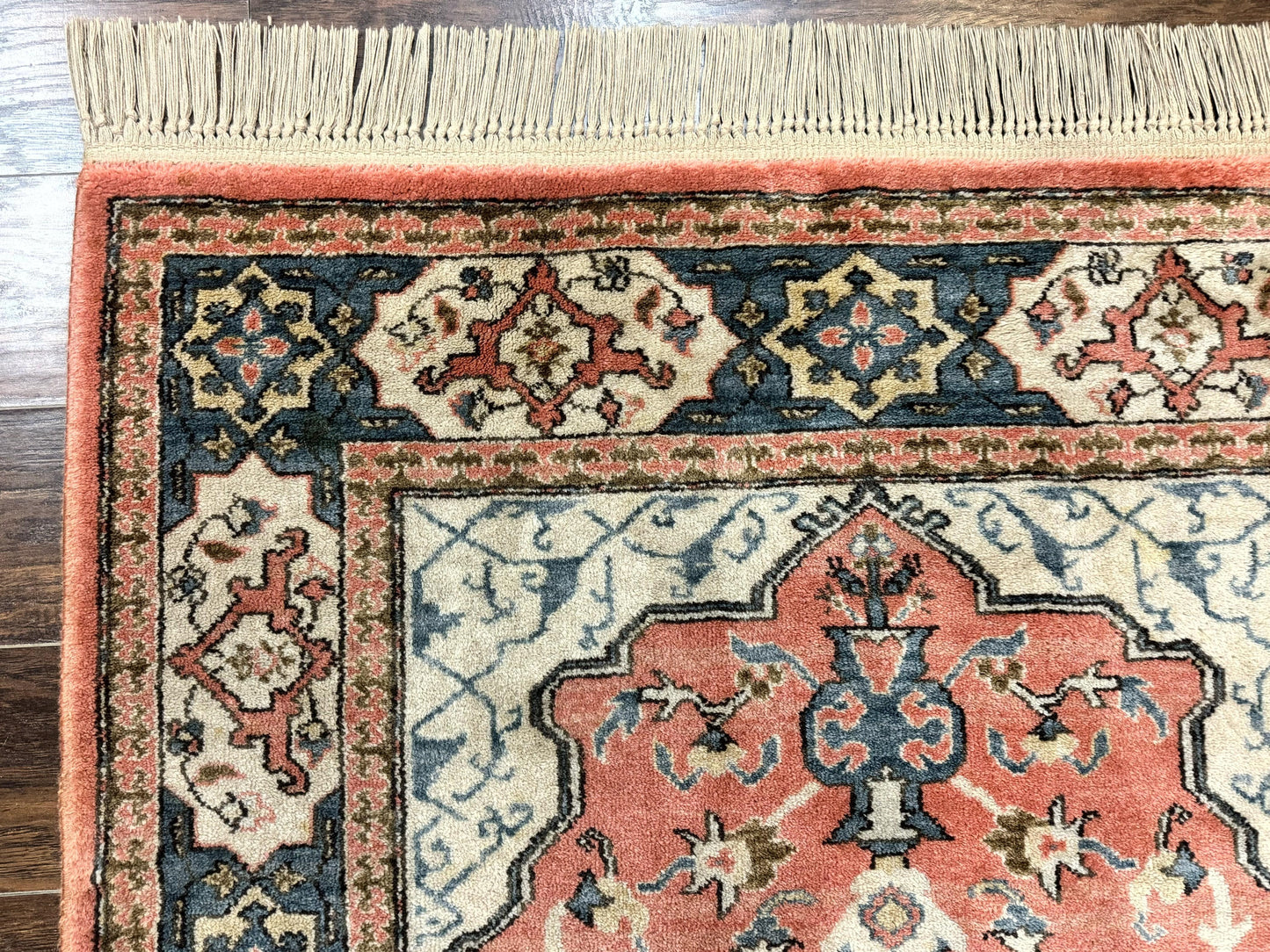 Karastan Rug 4x6 Bergama Design #737, Karastan Area Rug, Vintage Wool Karastan Carpet, Original Collection 700 Series, Salmon Red Light Blue