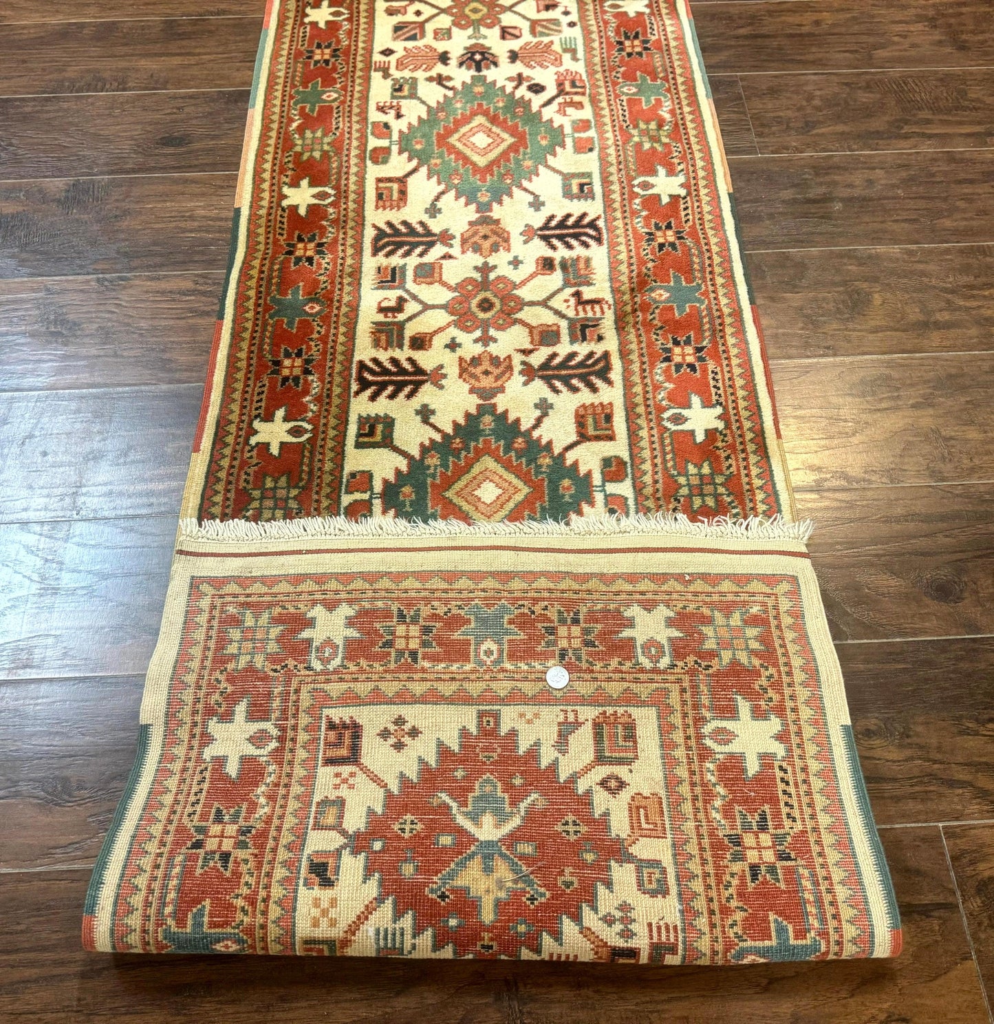 Turkish Runner Rug 2.4 By 8 Feet Kazak Geometric Heriz Pattern Beige And Red Hand Knotted Wool
