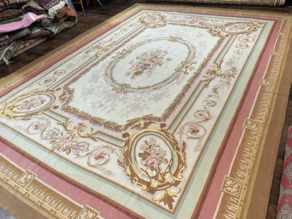 Premium Aubusson Rug 11x15 Wool Handmade Vintage European Flatweave Savonnerie Carpet