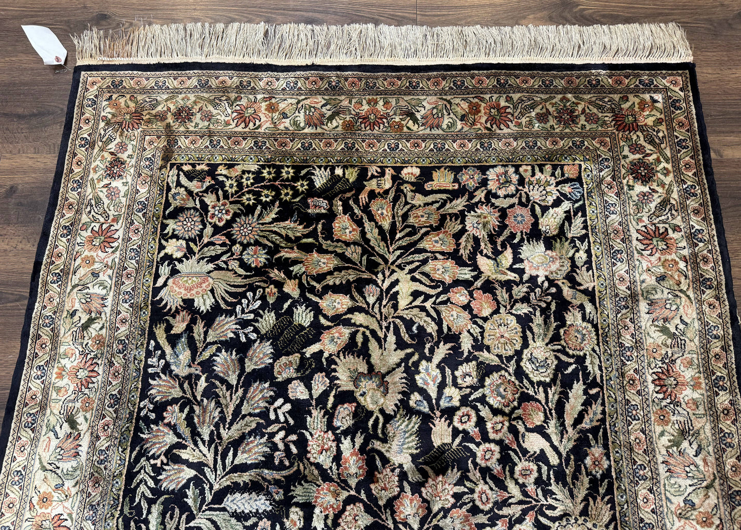 Silk Rug 4x6 Vintage Hand Knotted Tree of Life Black Cream Floral Bird Pictorial Sino Persian