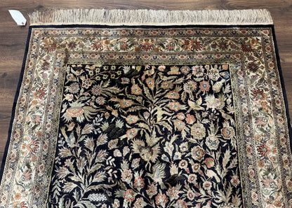 Silk Rug 4x6 Vintage Hand Knotted Tree of Life Black Cream Floral Bird Pictorial Sino Persian