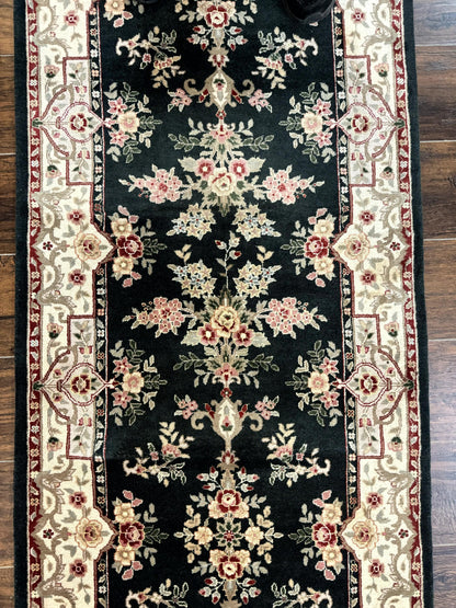 Long Pak Persian Runner Rug 2.7 x 21, Floral Allover, Dark Green and Beige, Handmade Wool Runner Rug, 21ft Runner for Hallway