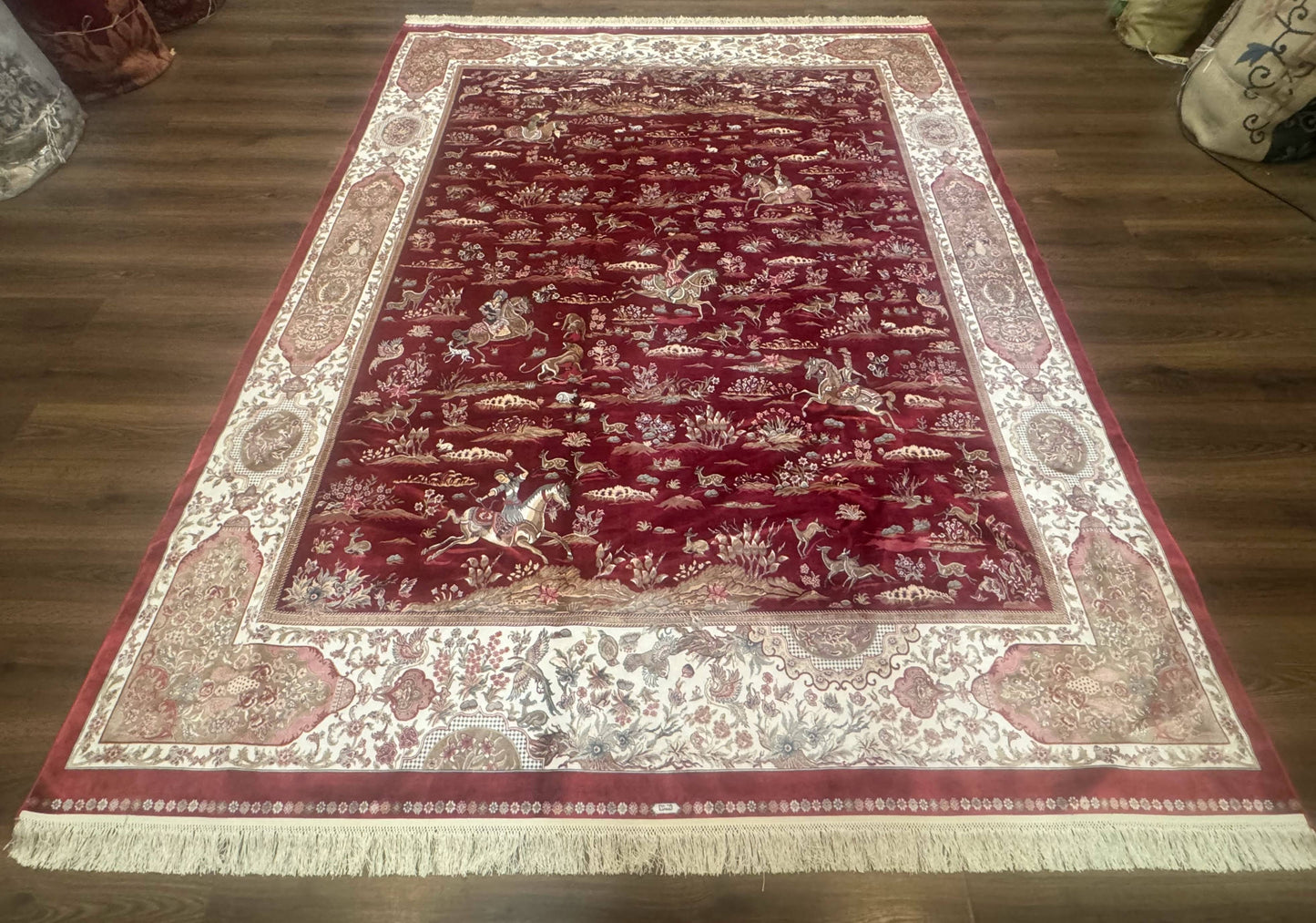 Turkish Silk Rug 8x10 Modern Bamboo Silk Hunting Design Area Rug