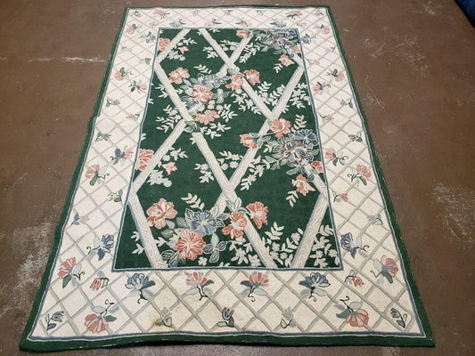 Hand Stitched Indian Wool Rug 3 Ft 6 In By 5 Ft 6 In Green Beige Backing Vintage 1980s