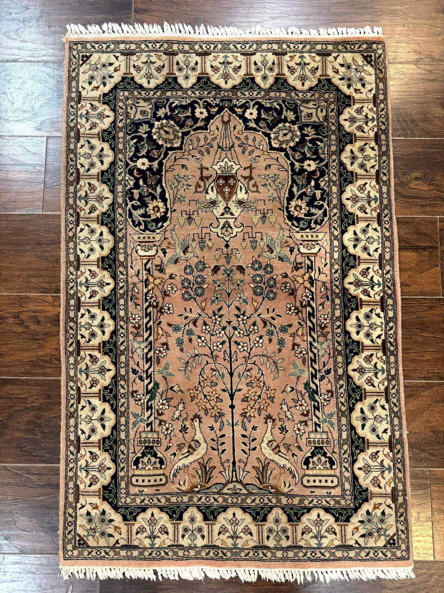 Tree Of Life Prayer Rug Handmade Persian Wool Two By Four Feet Vintage Style Birds Lantern