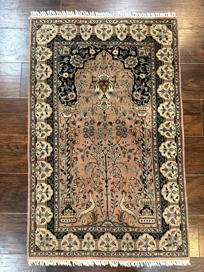 Tree Of Life Prayer Rug Handmade Persian Wool Two By Four Feet Vintage Style Birds Lantern