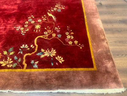 Red Chinese Art Deco Wool Rug 9x11 Handmade Antique Area Rug