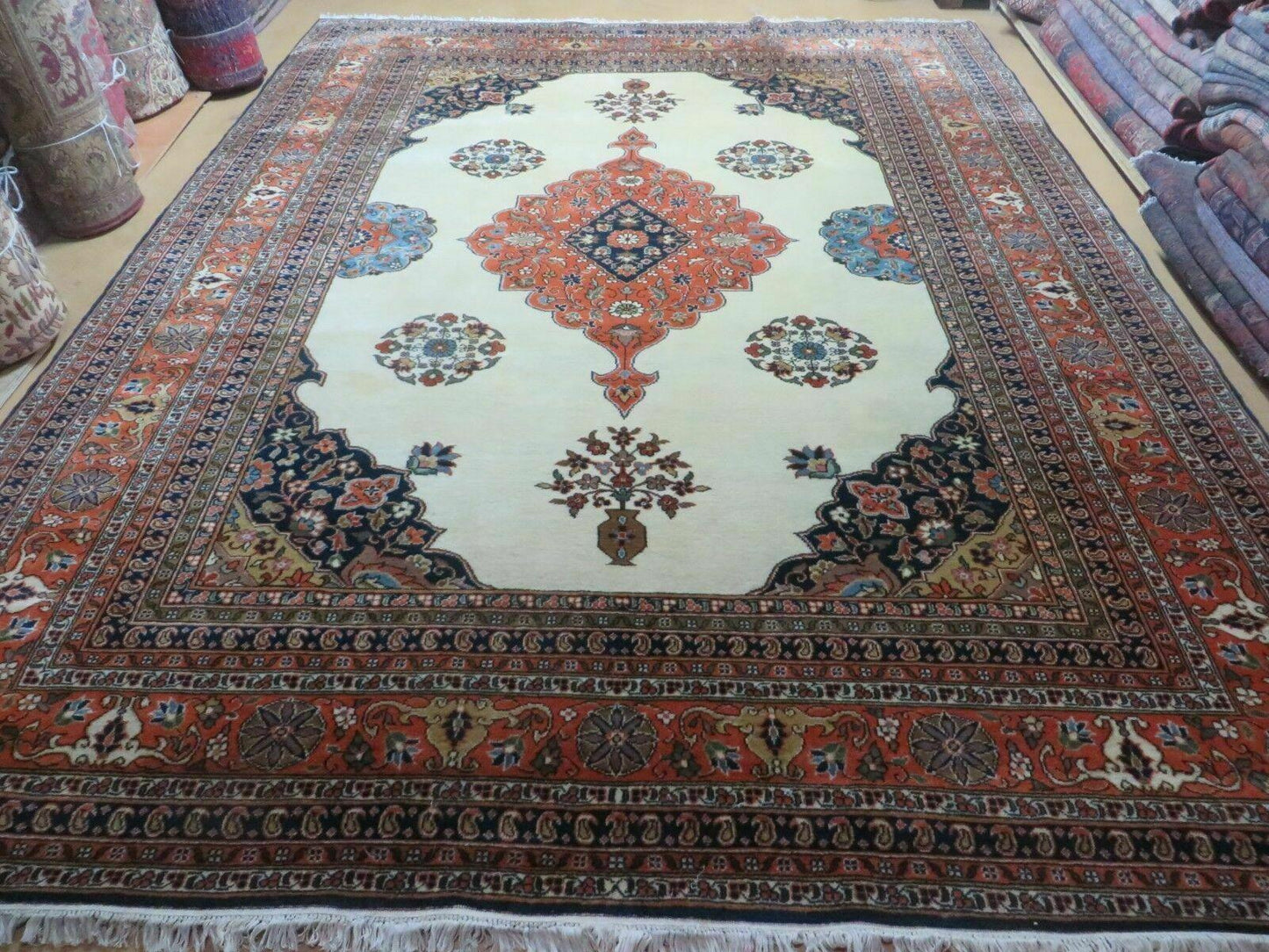 Indo Persian Rug 9x12 Hand Knotted Indian Oriental Wool Carpet Ivory Tomato Red Navy