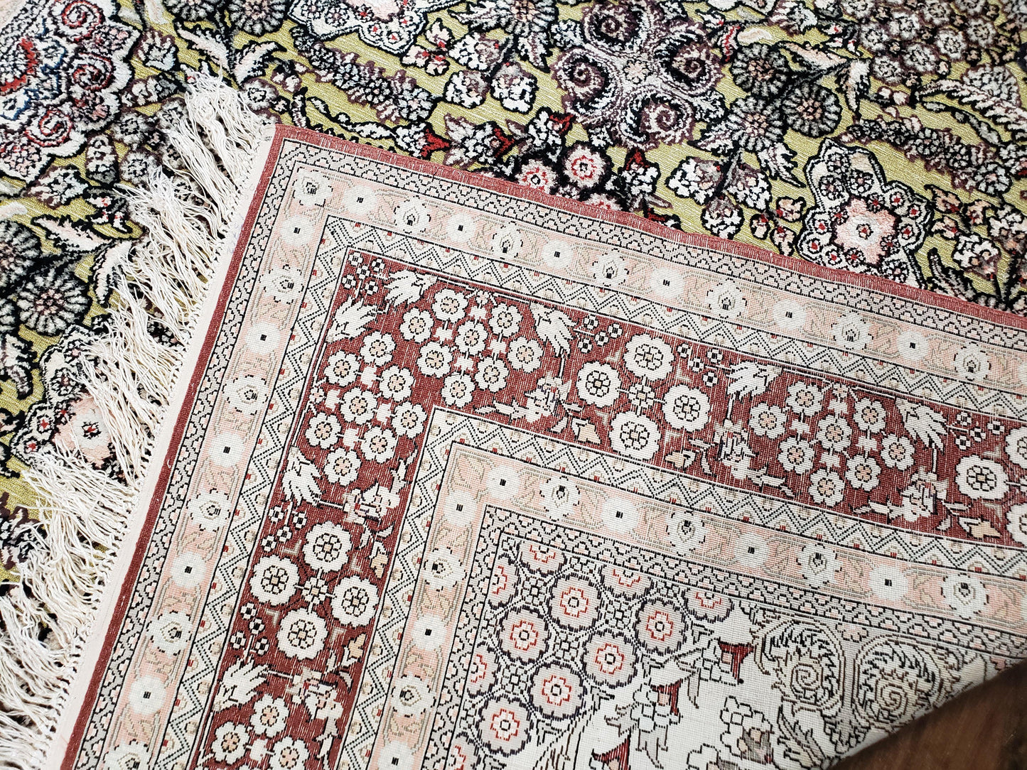 Kashmiri Silk Rug 5x8 Indian Handmade With Gold Threads Luxury Vintage Style