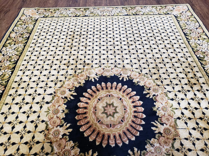 Indo Tibetan Wool Rug Handmade 6x8 Floral Border In Black Cream