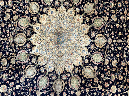 Persian Kerman Rug 10x14 Navy Blue Beige Floral Medallion Traditional Carpet Signed by Masterweaver