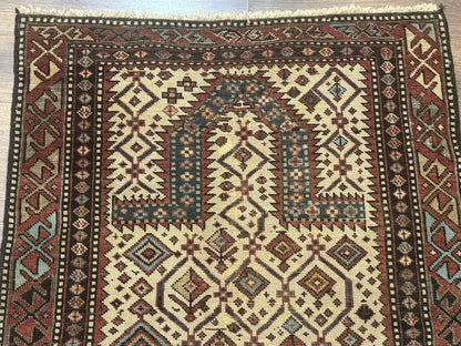 Antique Caucasian Shirvan Rug 3x5 Dagestan Prayer Rug Collectible Early 20th Century