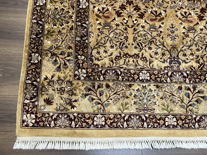 Pretty Indo Persian Rug 6x9, Allover Floral Motif with Birds, Tan/Cream, Very Fine Oriental Carpet, Hand Knotted Vintage Indian Wool Rug