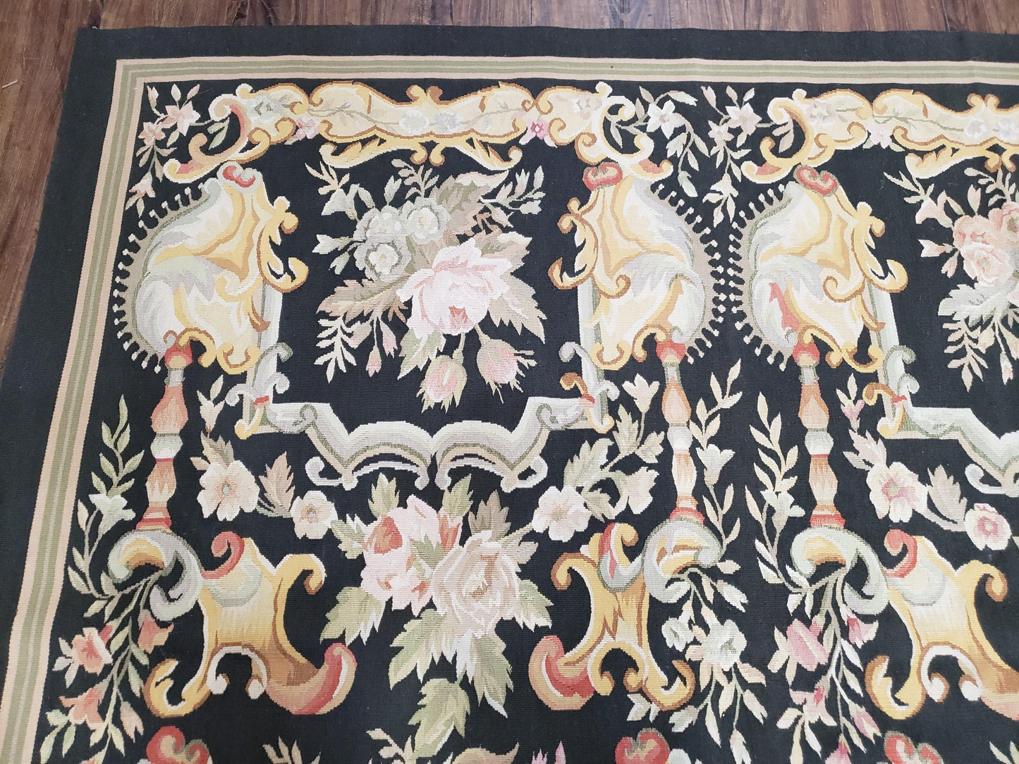 Vintage Black Aubusson Area Rug 8x10, Large Flowers Chinese Aubusson Carpet 7.9 x 10, Wool Hand-Knotted Floral Pattern Flat Weave Rug Nice