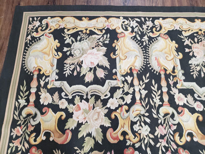 Vintage Black Aubusson Area Rug 8x10, Large Flowers Chinese Aubusson Carpet 7.9 x 10, Wool Hand-Knotted Floral Pattern Flat Weave Rug Nice