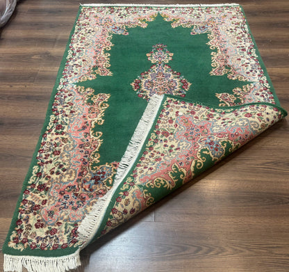 Green Persian Kerman Rug 4x6 Vintage Semi Open Field With Cream Borders
