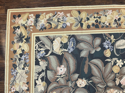 Large Needlepoint Rug 9x13, Handmade Wool Flatweave Vintage Rug, Leaves, Green