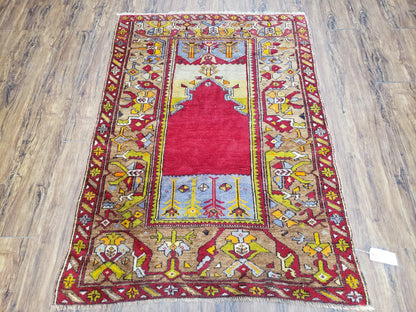Antique Turkish Prayer Rug Handwoven Wool 3.8 By 5 Feet Colorful Red Blue Gold Anatolian Carpet