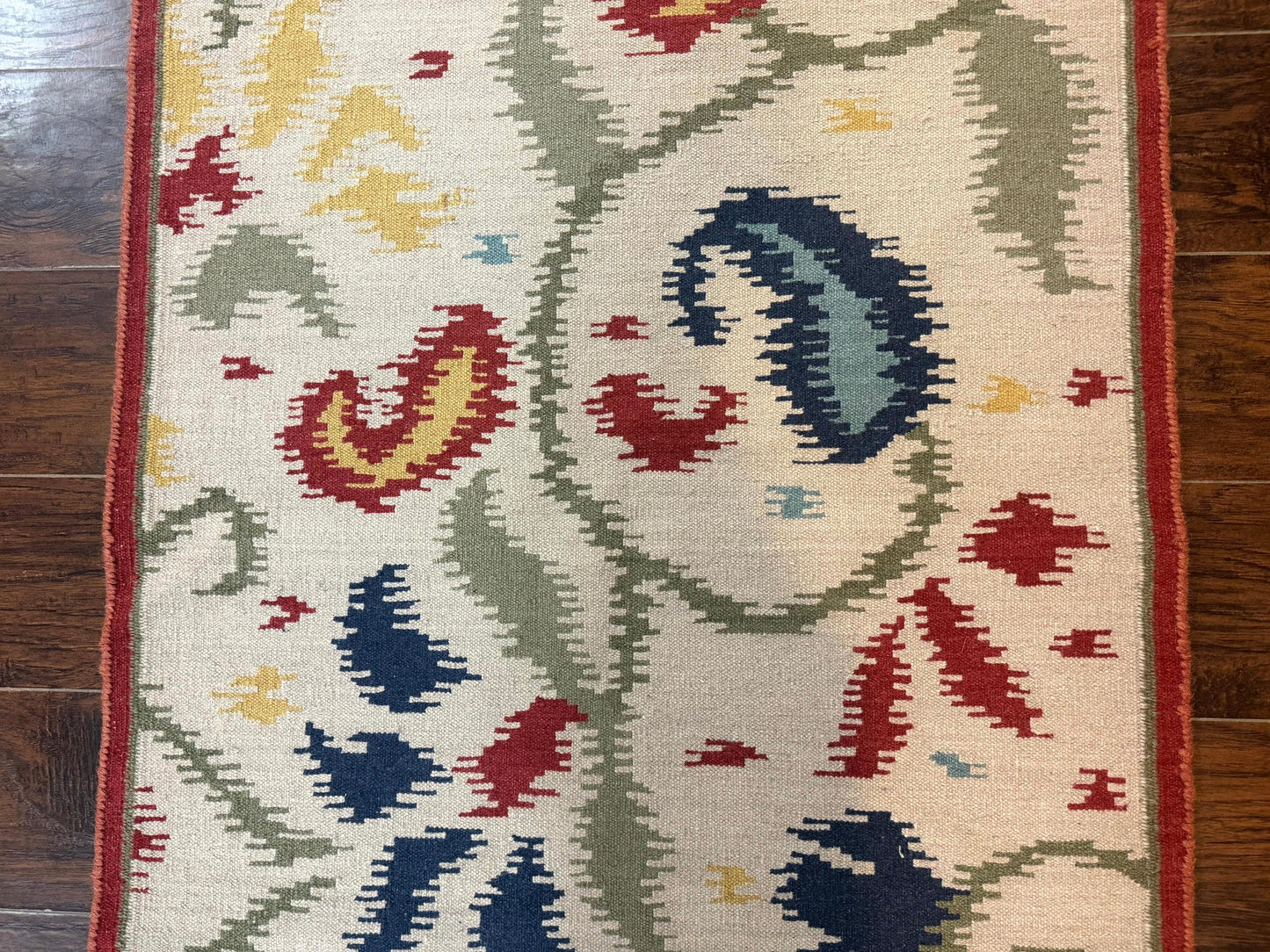 Indian Kilim Flatweave Rug 3x5, Abstract, Beige and Multicolor Flowers, Handmade