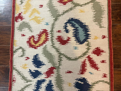 Indian Kilim Flatweave Rug 3x5, Abstract, Beige and Multicolor Flowers, Handmade