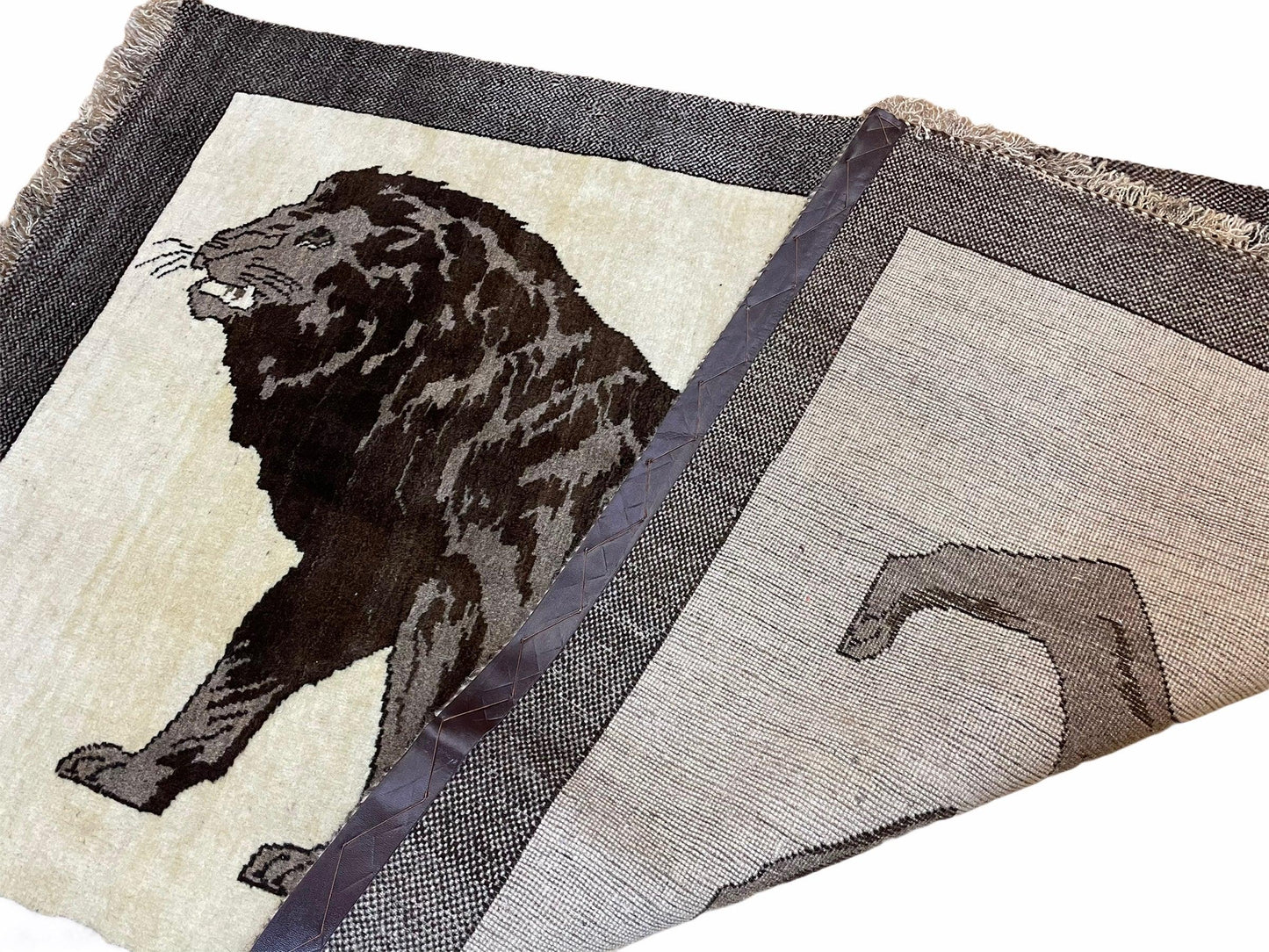 Handmade Lion Rug 3x5 Wool Hand Knotted Brown Beige Vintage Quality