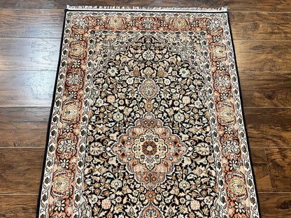 Kashmiri Silk Rug 3x5 Navy Blue Handmade Floral Medallion Indo Persian Silk