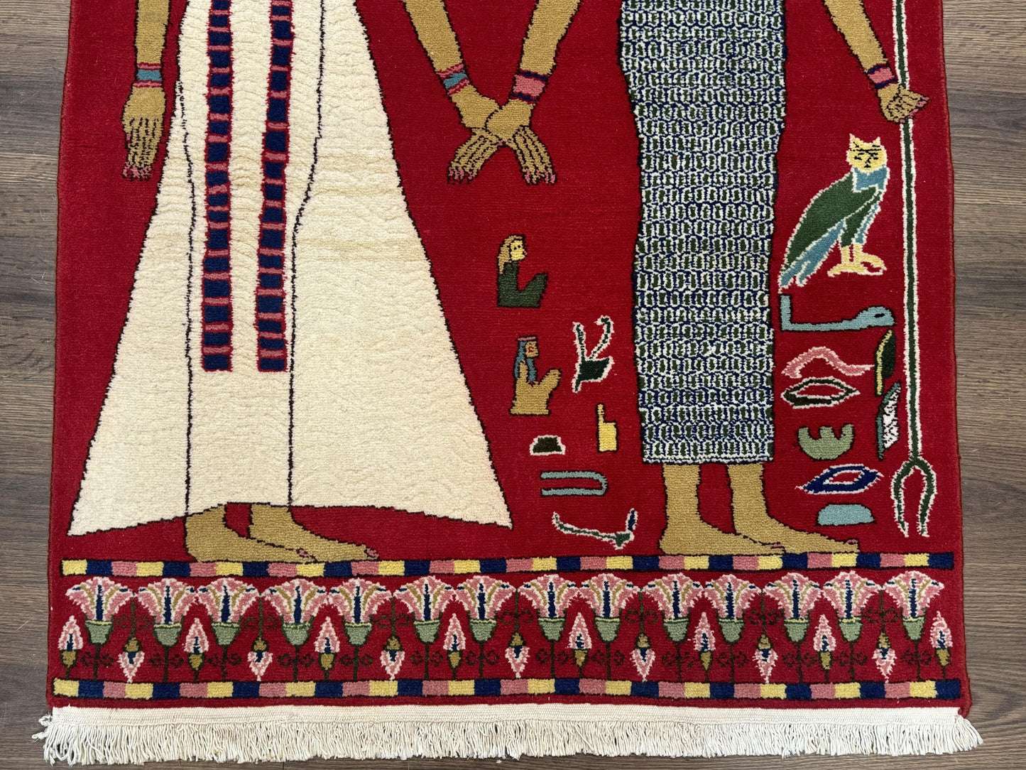 Egyptian Pictorial Rug 3x4, Hieroglyphic Pictorial Rug, Egyptian Prince and Princess, Cleopatra, Vintage Handmade, Red