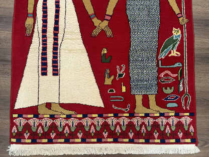 Egyptian Pictorial Rug 3x4, Hieroglyphic Pictorial Rug, Egyptian Prince and Princess, Cleopatra, Vintage Handmade, Red