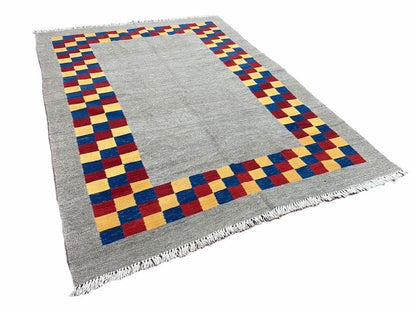 Handmade Kilim Rug Wool Geometric Checkerboard Area Rug 5 Foot 9 Inch By 7 Foot 9 Inch