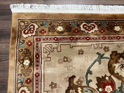 Chinese Wool Rug Hand Knotted Vintage Oriental Medallion Area Rug Pair Tan And Brown